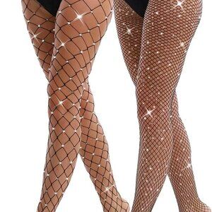 2 Pack Fishnet Tights Women Mesh Stockings Glitter Rhinestone Black Large Medium